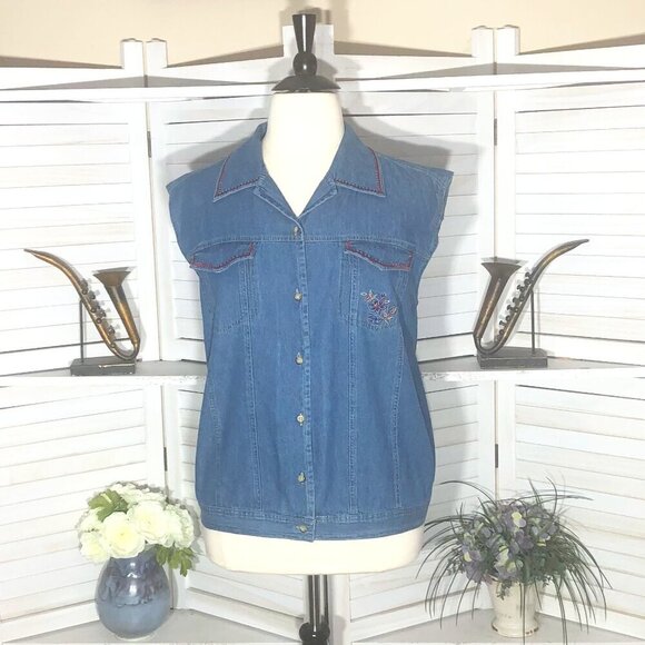 Vintage 90s Y2K Denim Vest Embroidered Floral Cotton 2X - Picture 1 of 12